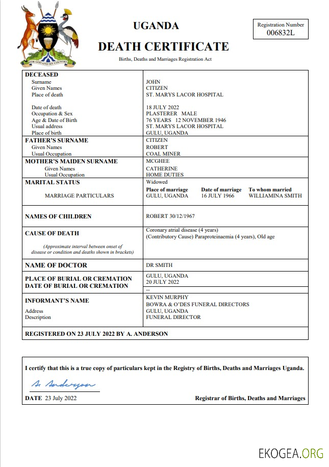 Modèle Word et PDF de certificat de décès de l'état civil de l'Ouganda